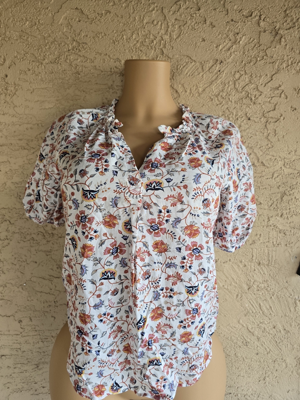 a.n.a White Floral Blouse with Coral and Navy Details